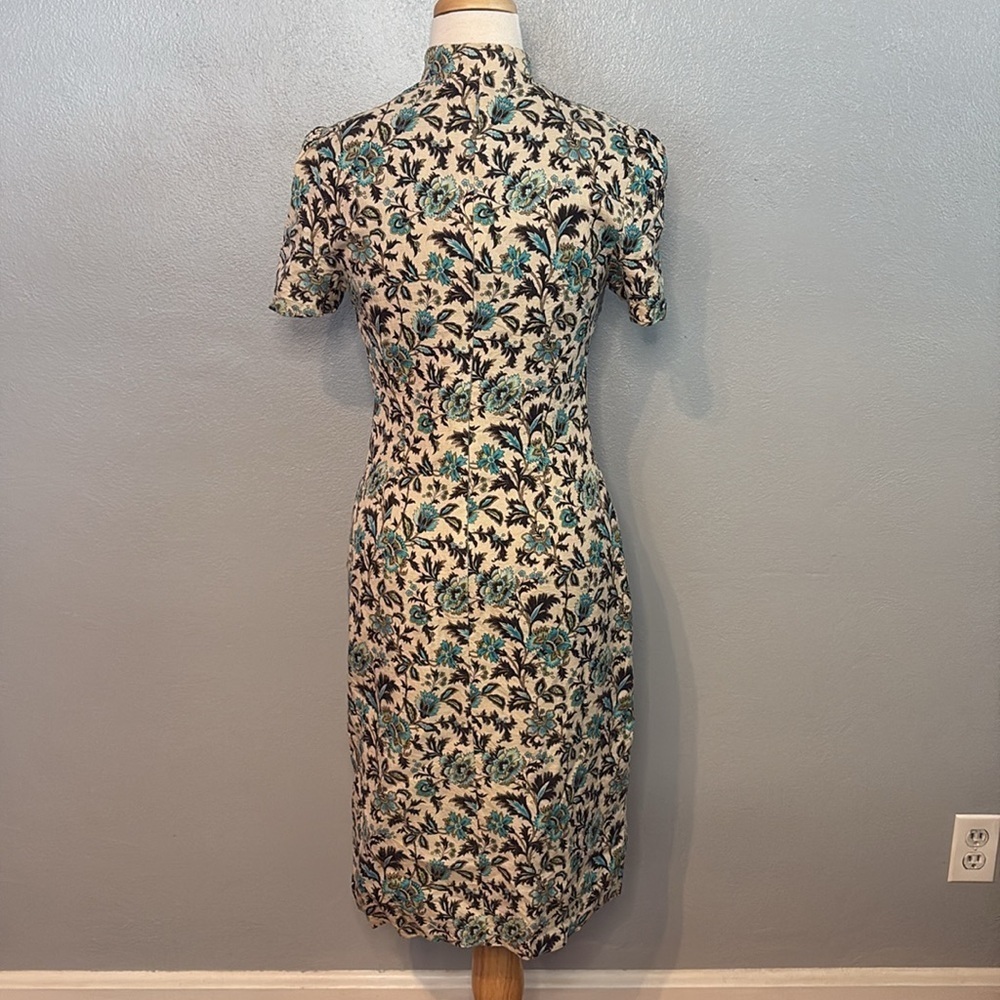 Helen Cherry Silk Dress Blue Brown Floral Side Slit Size 12(actual 8) - Picture 6 of 13